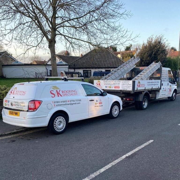 S&K Roofing Specialist van and scaffold on a job in Shoreham-by-Sea